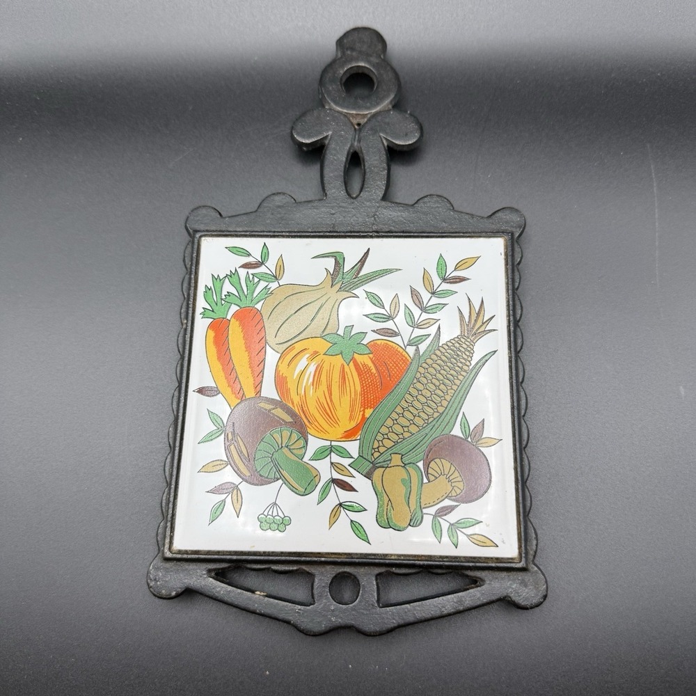 VTG Cast Iron And Ceramic Tile Trivet Colorful Harvest, Mushrooms, Carrot 1970s